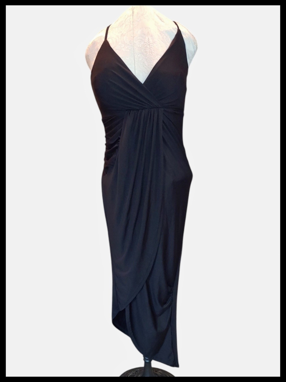 Black Draped V-Neck Asymmetrical Dress